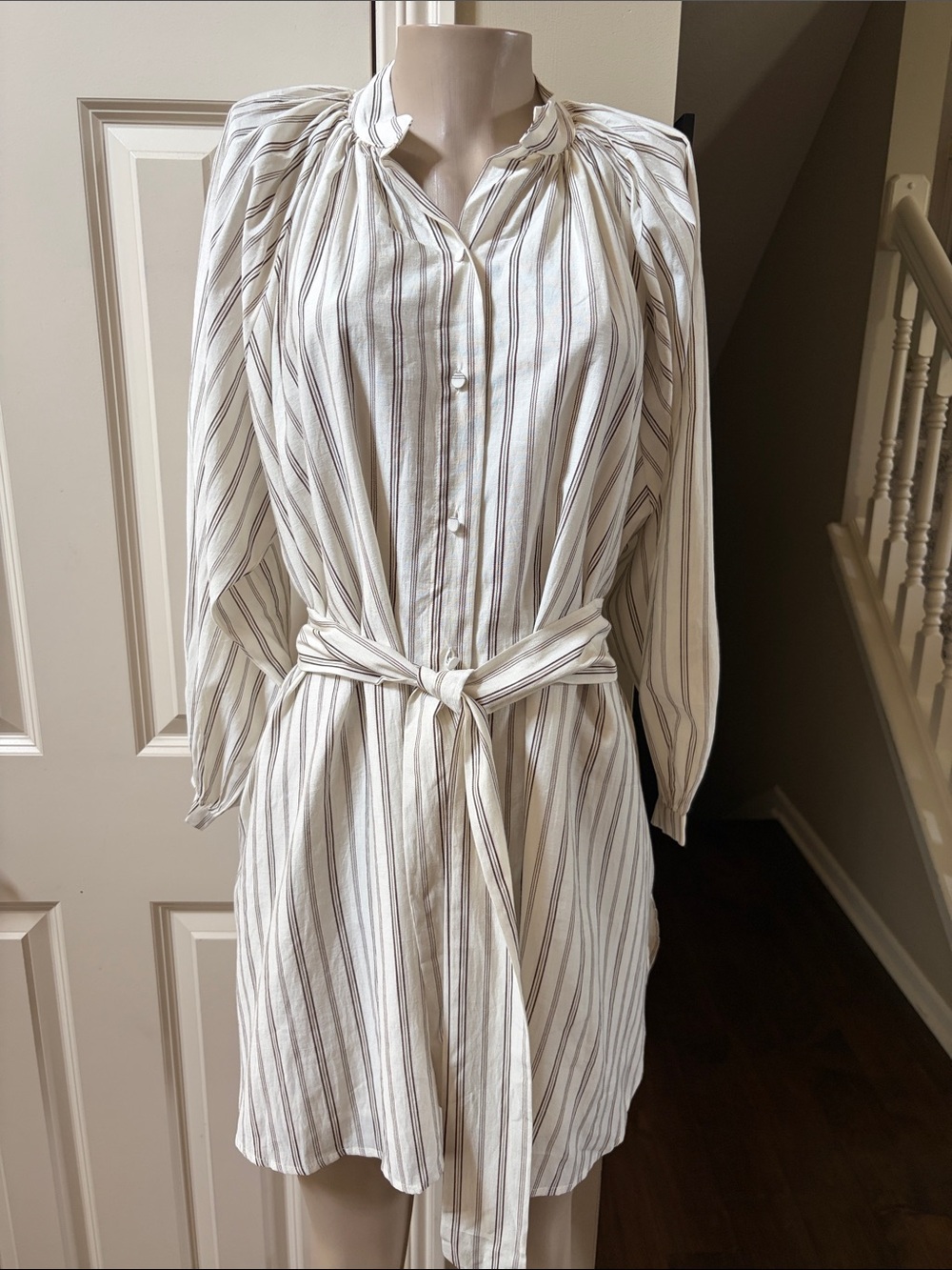 NWT Dress Forum Cream and Brown Striped Long Sleeve Shirt Dress with Tie Belt, m